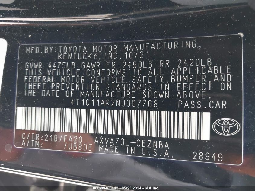 2022 Toyota Camry Le VIN: 4T1C11AK2NU007768 Lot: 39488442