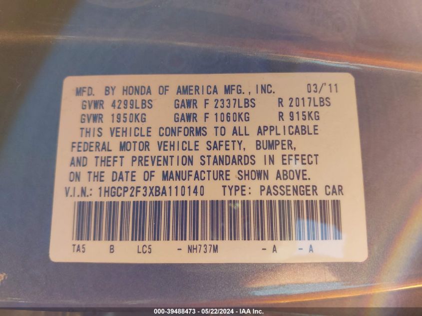 2011 Honda Accord 2.4 Lx VIN: 1HGCP2F3XBA110140 Lot: 39488473