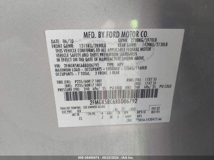 2011 Ford Flex Se VIN: 2FMGK5BC6BBD06792 Lot: 39488474