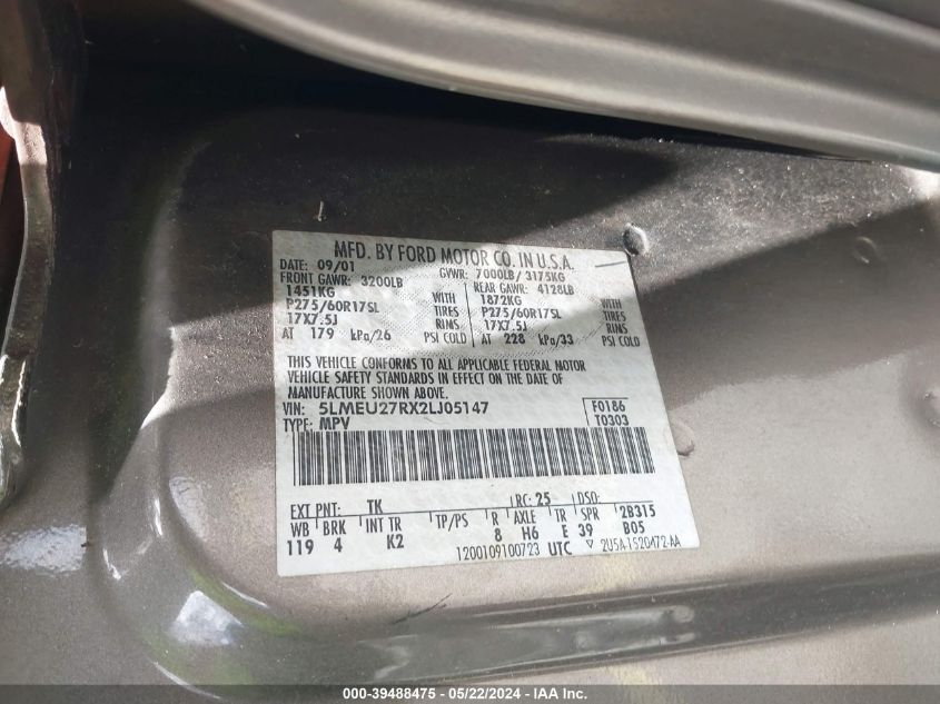 2002 Lincoln Navigator VIN: 5LMEU27RX2LJ05147 Lot: 39488475