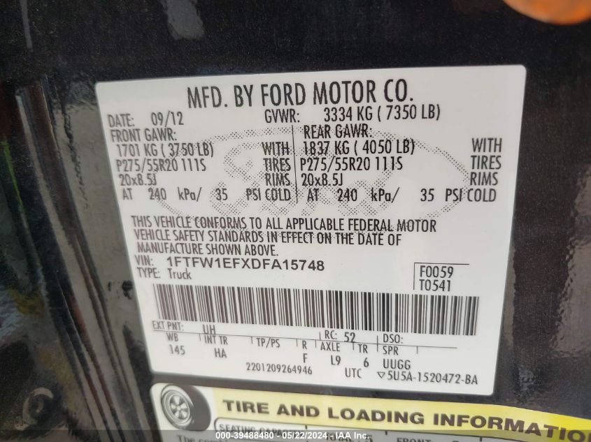 2013 Ford F-150 Lariat VIN: 1FTFW1EFXDFA15748 Lot: 39488480