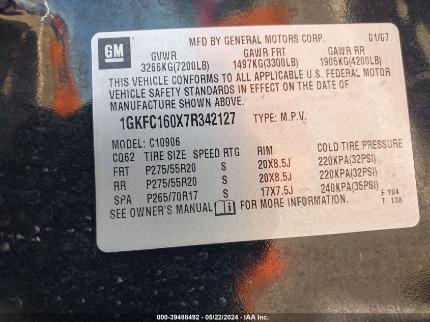2007 GMC Yukon Xl 1500 Slt VIN: 1GKFC160X7R342127 Lot: 39488492