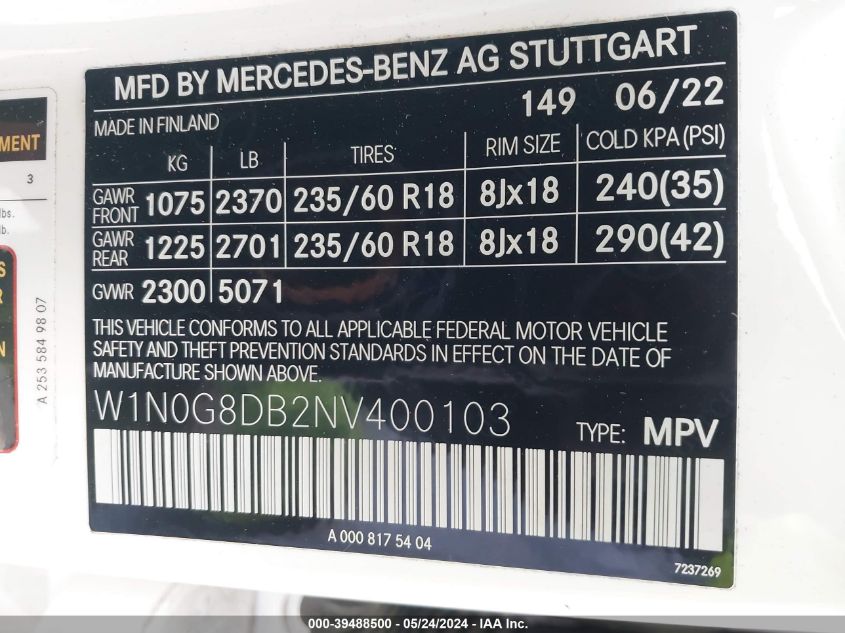 2022 Mercedes-Benz Glc 300 Suv VIN: W1N0G8DB2NV400103 Lot: 39488500