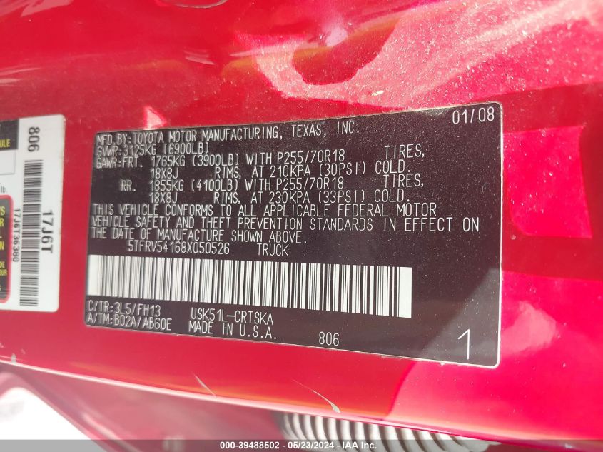 2008 Toyota Tundra Base 5.7L V8 VIN: 5TFRV54168X050526 Lot: 39488502