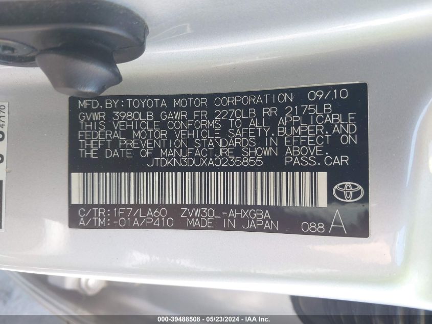 2010 Toyota Prius Iv VIN: JTDKN3DUXA0235855 Lot: 39488508