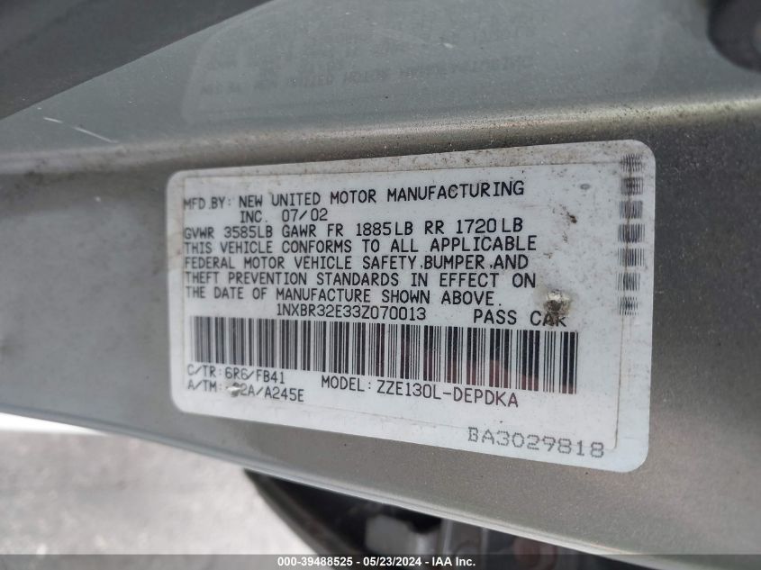 2003 Toyota Corolla Ce VIN: 1NXBR32E33Z070013 Lot: 39488525