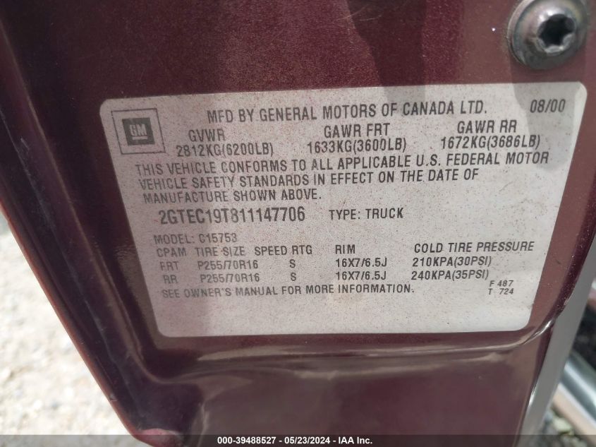 2001 GMC Sierra 1500 Sle VIN: 2GTEC19T811147706 Lot: 39488527
