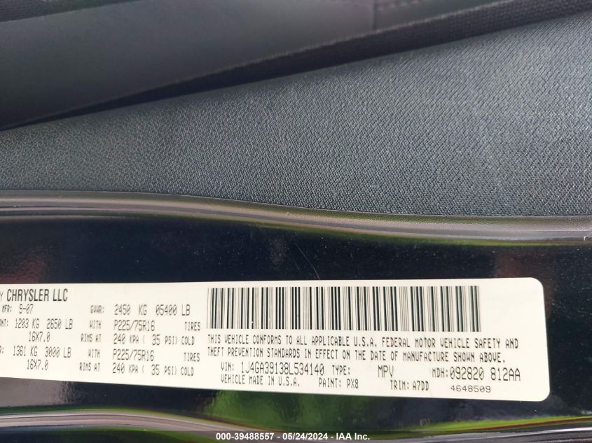 2008 Jeep Wrangler Unlimited X VIN: 1J4GA39138L534140 Lot: 39488557