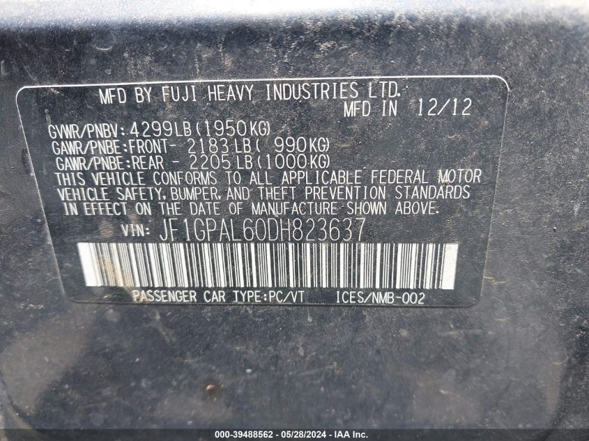 2013 Subaru Impreza 2.0I Sport Premium VIN: JF1GPAL60DH823637 Lot: 39488562