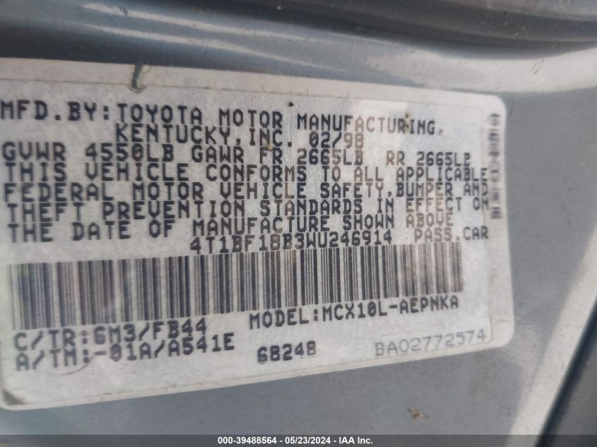 1998 Toyota Avalon Xl VIN: 4T1BF18B3WU246914 Lot: 39488564