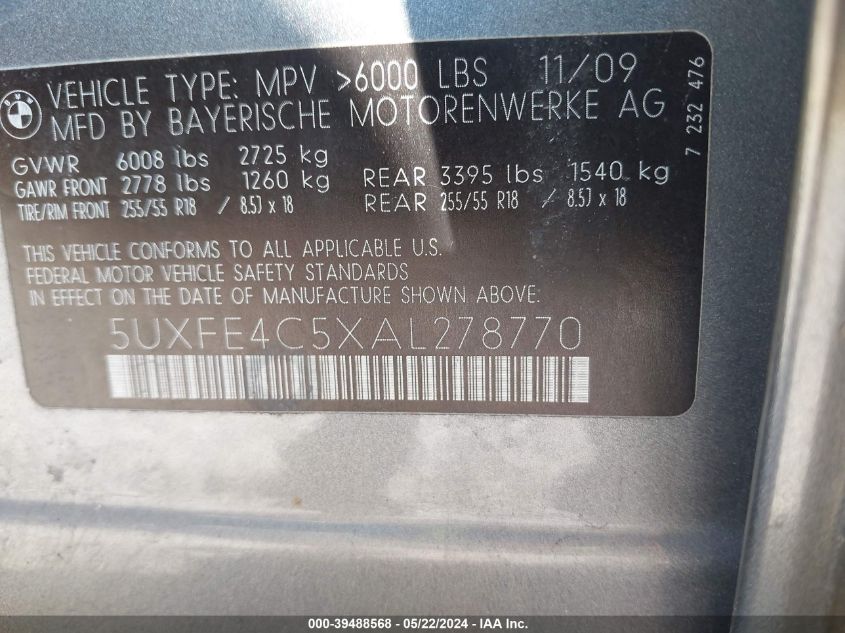 2010 BMW X5 xDrive30I VIN: 5UXFE4C5XAL278770 Lot: 39488568