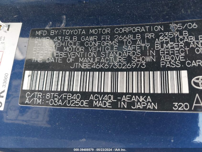 2007 Toyota Camry Le VIN: JTNBE46K673026973 Lot: 39488579