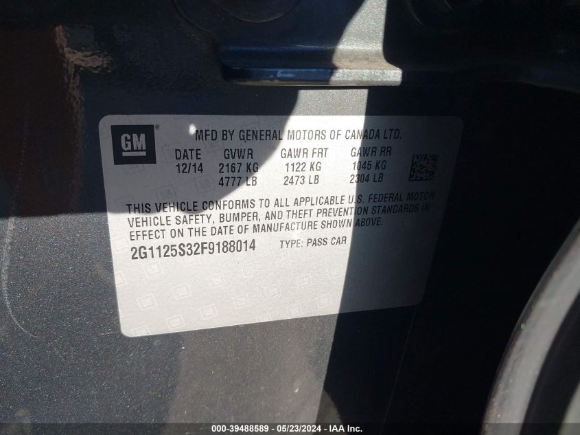 2015 Chevrolet Impala 2Lt VIN: 2G1125S32F9188014 Lot: 39488589