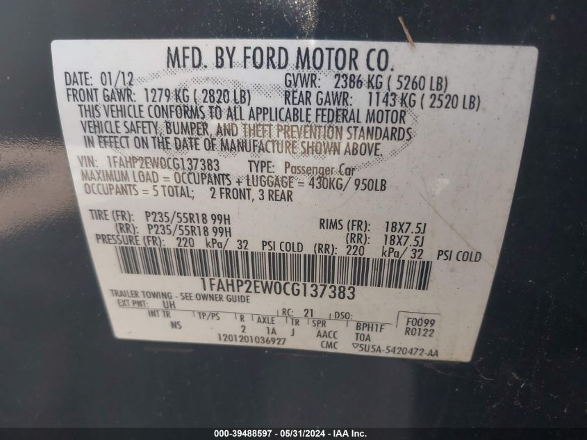 2012 Ford Taurus Sel VIN: 1FAHP2EW0CG137383 Lot: 39488597