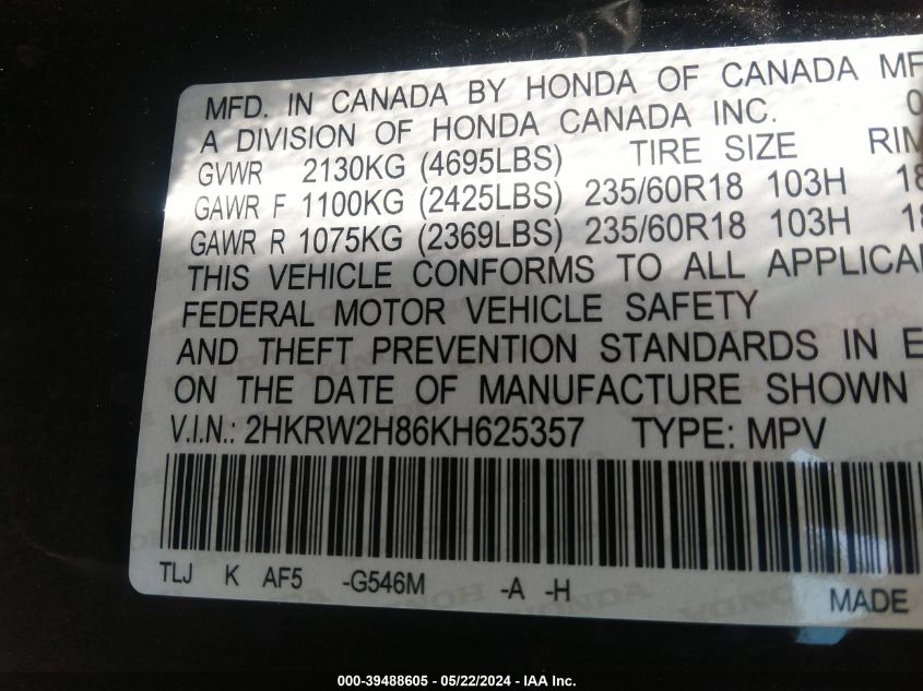 2019 Honda Cr-V Ex-L VIN: 2HKRW2H86KH625357 Lot: 39488605