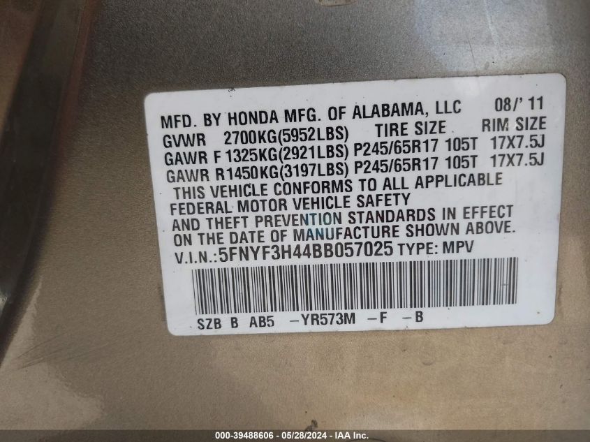 2011 Honda Pilot Ex VIN: 5FNYF3H44BB057025 Lot: 39488606