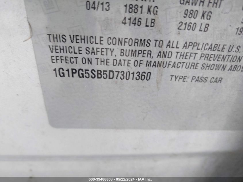 2013 Chevrolet Cruze Ltz VIN: 1G1PG5SB5D7301360 Lot: 39488608