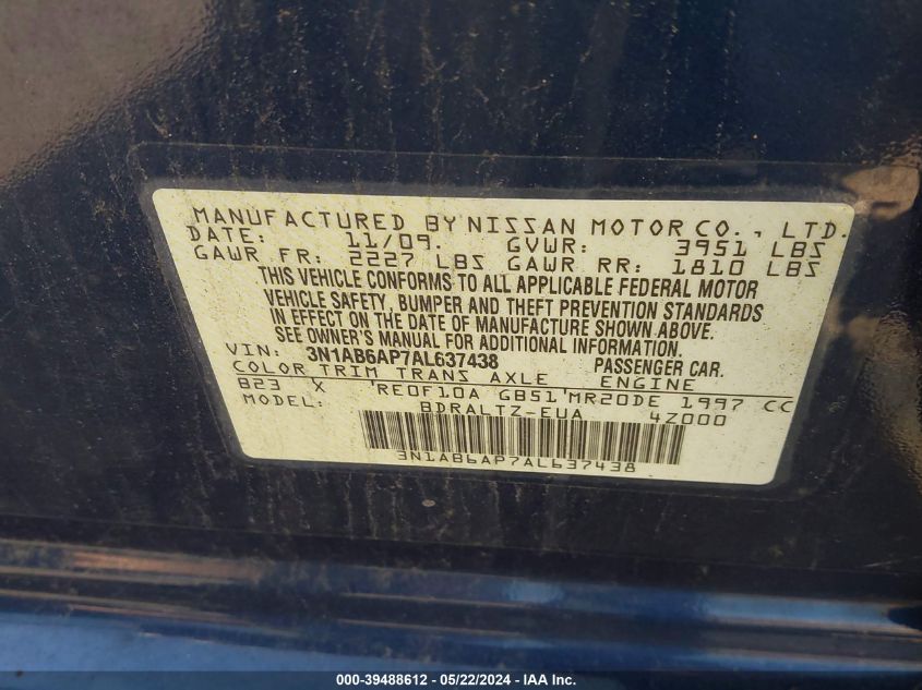 2010 Nissan Sentra 2.0S VIN: 3N1AB6AP7AL637438 Lot: 39488612