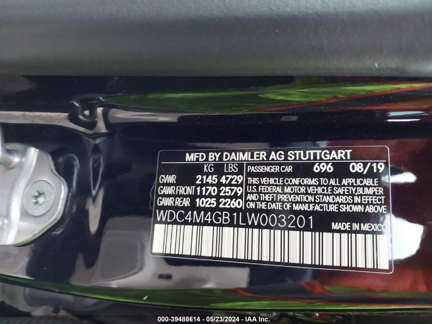 2020 Mercedes-Benz Glb 250 VIN: WDC4M4GB1LW003201 Lot: 39488614