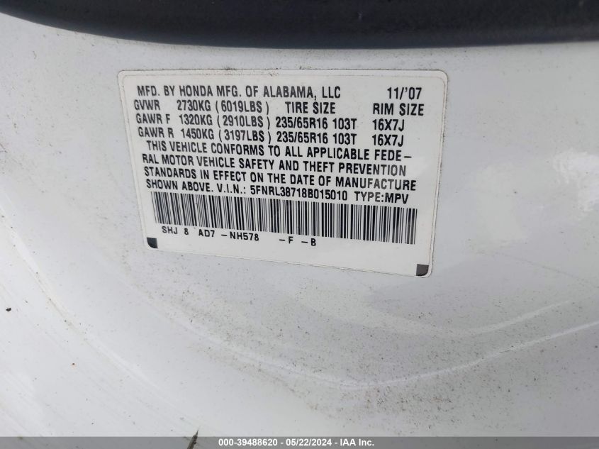 2008 Honda Odyssey Ex-L VIN: 5FNRL38718B015010 Lot: 39488620