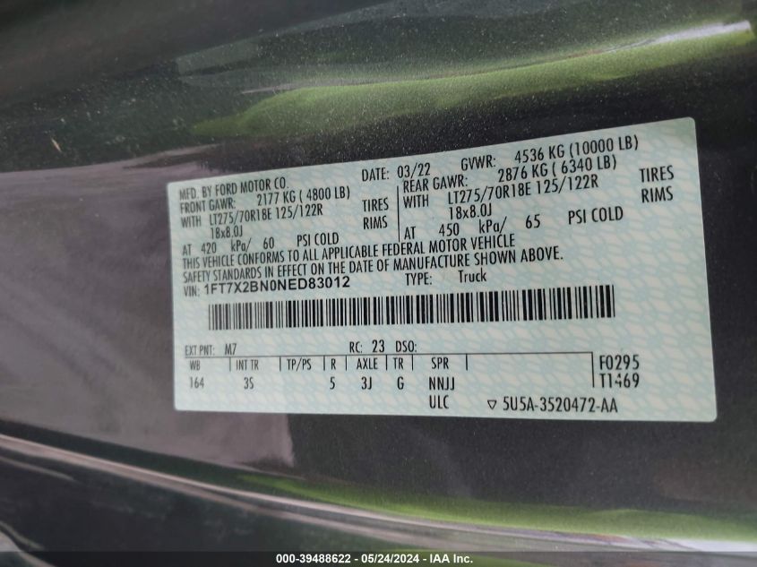 2022 Ford F-250 Xlt VIN: 1FT7X2BN0NED83012 Lot: 39488622