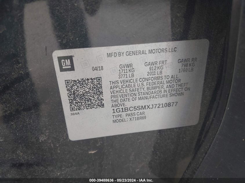 2018 Chevrolet Cruze Ls Auto VIN: 1G1BC5SMXJ7210877 Lot: 39488636