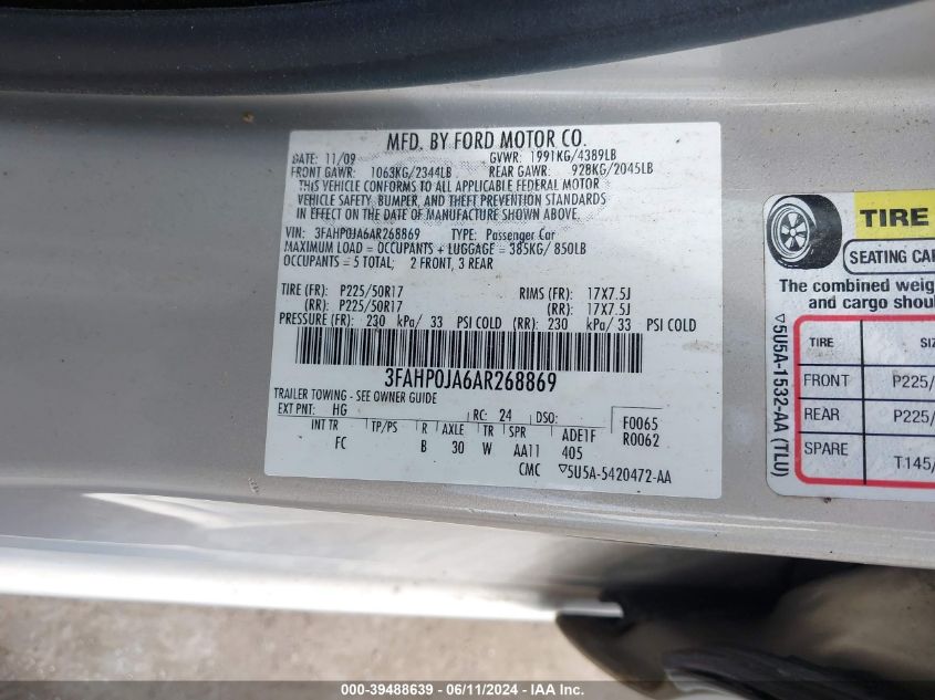 2010 Ford Fusion Sel VIN: 3FAHP0JA6AR268869 Lot: 39488639