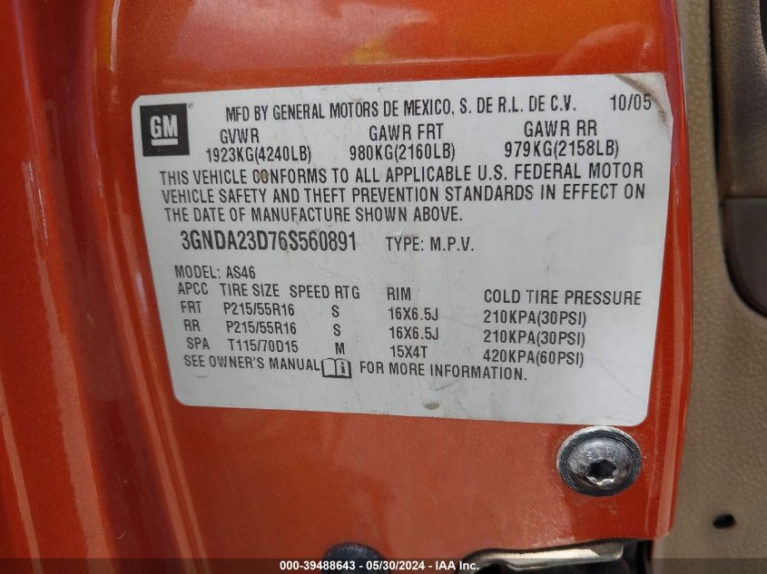 2006 Chevrolet Hhr Lt VIN: 3GNDA23D76S560891 Lot: 39488643