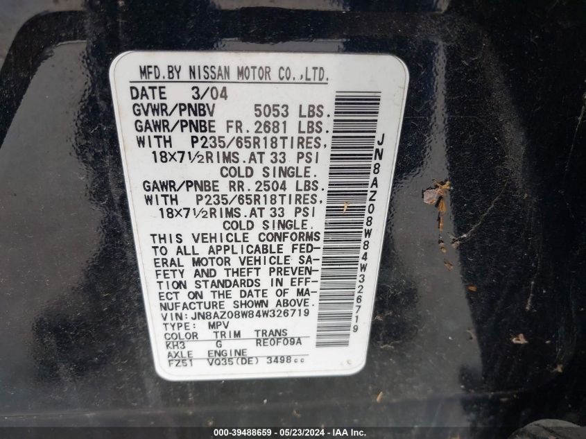 2004 Nissan Murano Sl VIN: JN8AZ08W84W326719 Lot: 39488659