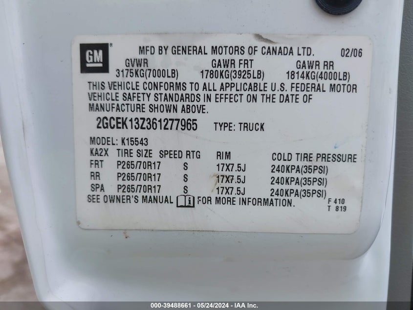 2006 Chevrolet Silverado 1500 Lt3 VIN: 2GCEK13Z361277965 Lot: 39488661