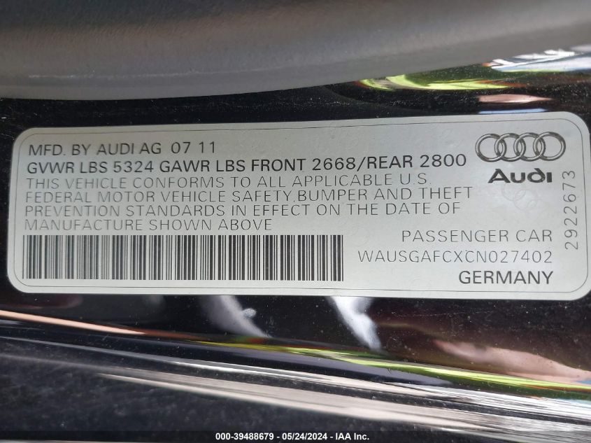 2012 Audi A7 Premium VIN: WAUSGAFCXCN027402 Lot: 39488679