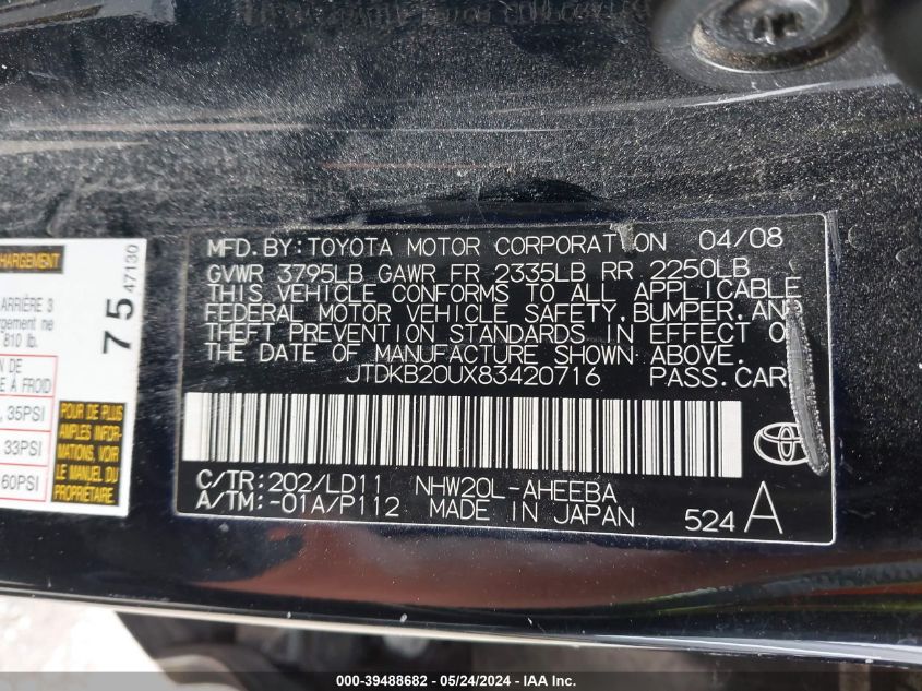 2008 Toyota Prius VIN: JTDKB20UX83420716 Lot: 39488682