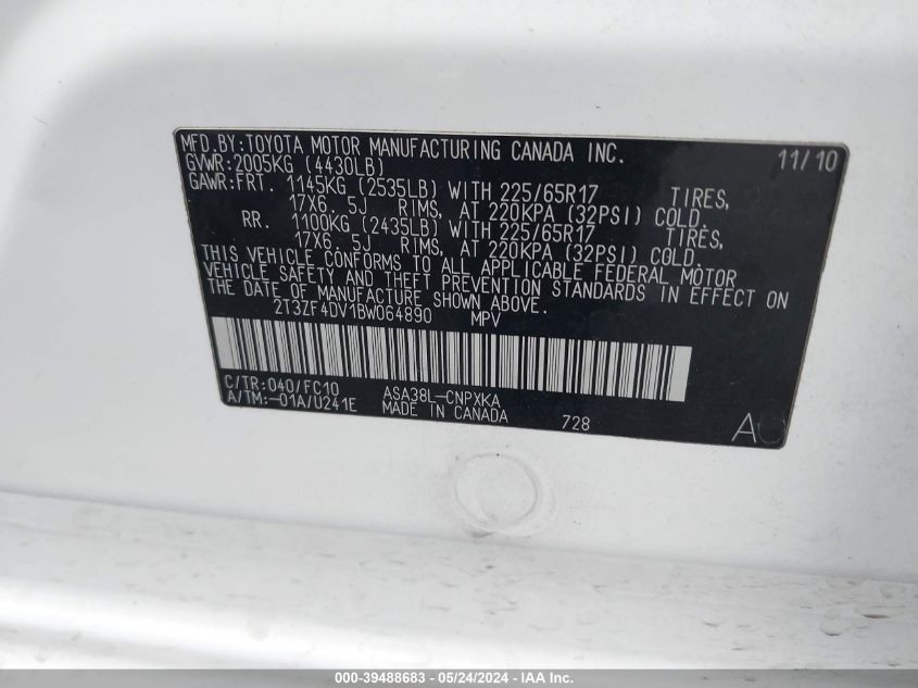 2011 Toyota Rav4 VIN: 2T3ZF4DV1BW064890 Lot: 39488683