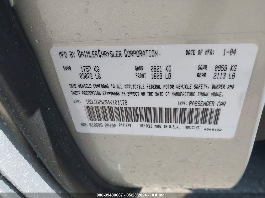 2004 Dodge Viper Srt10 VIN: 1B3JZ65294V101178 Lot: 39488687