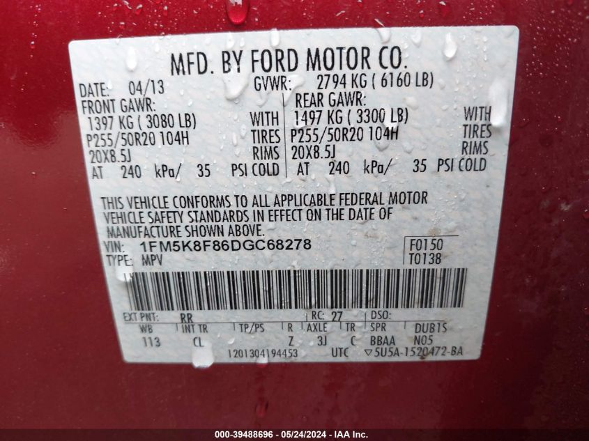 2013 Ford Explorer Limited VIN: 1FM5K8F86DGC68278 Lot: 39488696