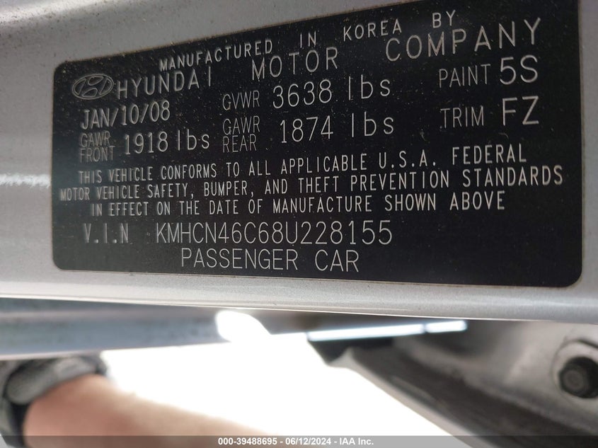 2008 Hyundai Accent Gls VIN: KMHCN46C68U228155 Lot: 39488695