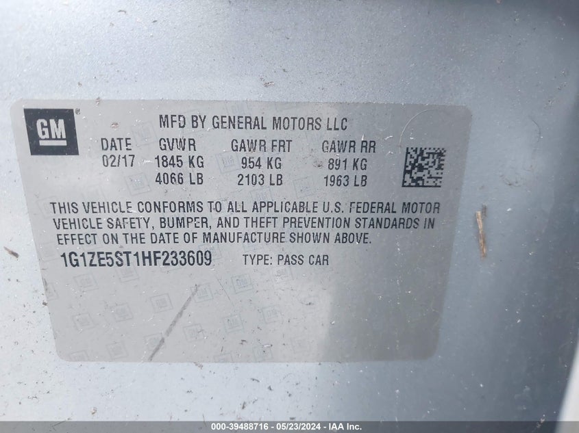 2017 Chevrolet Malibu 1Lt VIN: 1G1ZE5ST1HF233609 Lot: 39488716