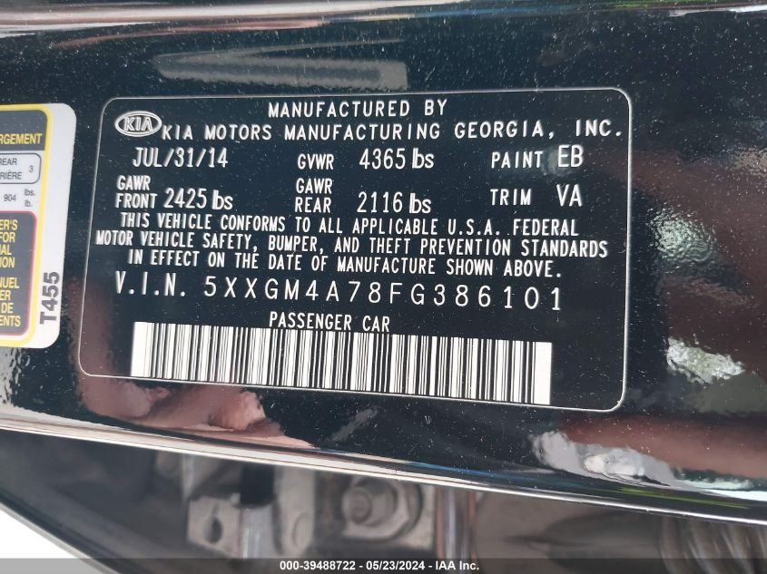 2015 Kia Optima Lx VIN: 5XXGM4A78FG386101 Lot: 39488722