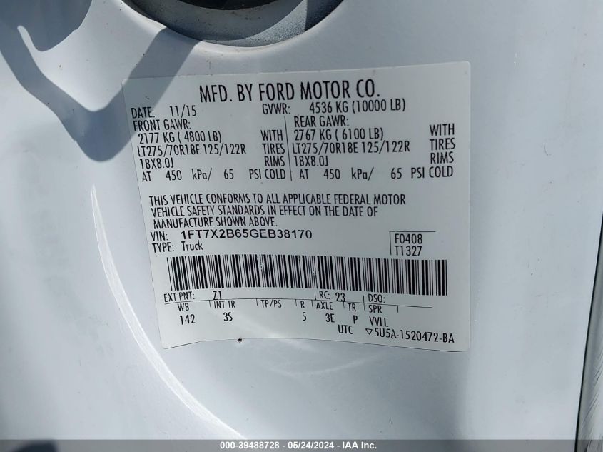 2016 Ford F-250 Xlt VIN: 1FT7X2B65GEB38170 Lot: 39488728