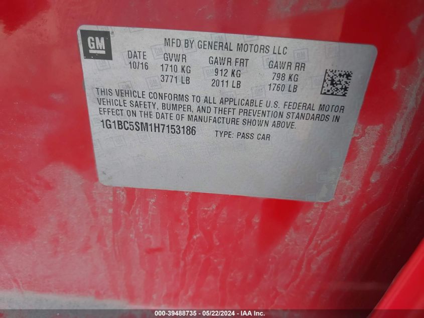 2017 Chevrolet Cruze Ls Auto VIN: 1G1BC5SM1H7153186 Lot: 39488735