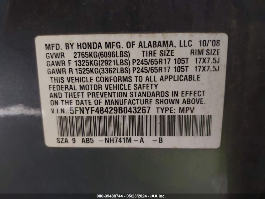 2009 Honda Pilot Ex VIN: 5FNYF48429B043267 Lot: 39488744