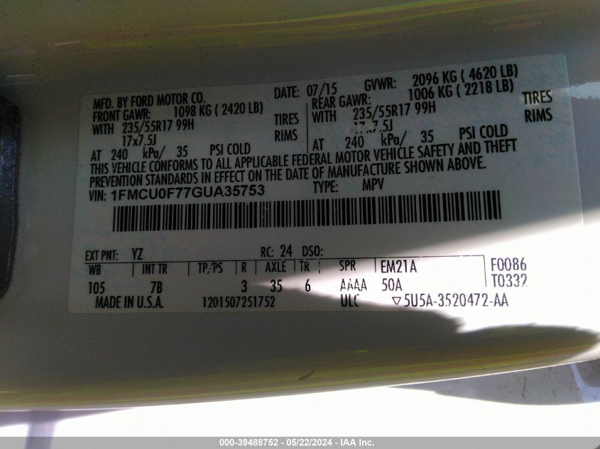 2016 Ford Escape S VIN: 1FMCU0F77GUA35753 Lot: 39488752