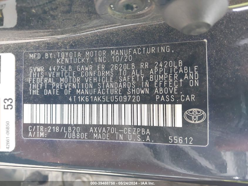 2020 Toyota Camry Xse VIN: 4T1K61AK5LU509720 Lot: 39488758