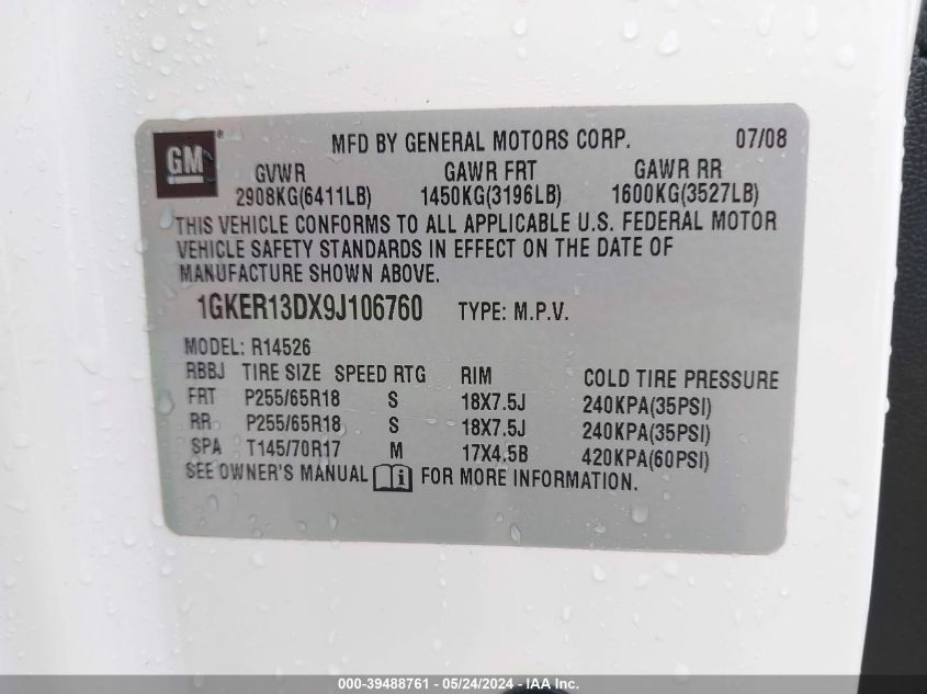 2009 GMC Acadia Sle-1 VIN: 1GKER13DX9J106760 Lot: 39488761
