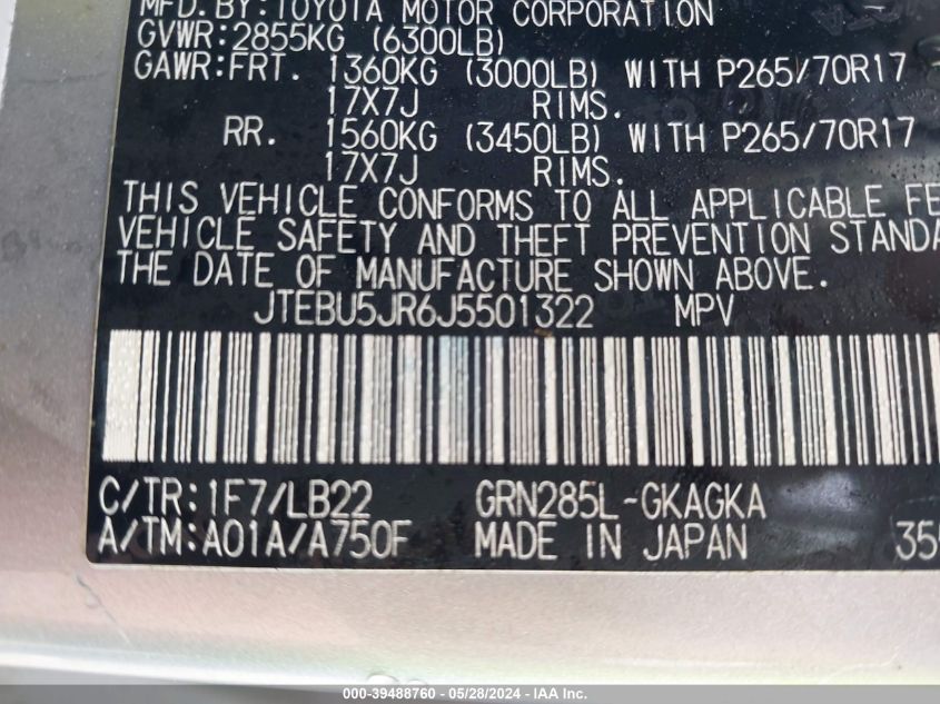 2018 Toyota 4Runner Sr5 Premium VIN: JTEBU5JR6J5501322 Lot: 39488760