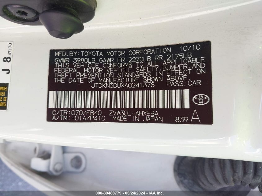 2010 Toyota Prius Iii VIN: JTDKN3DUXA0241378 Lot: 39488779