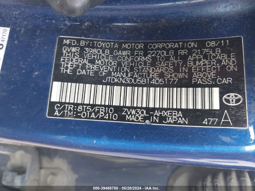 2011 Toyota Prius Two VIN: JTDKN3DU5B1405177 Lot: 39488780