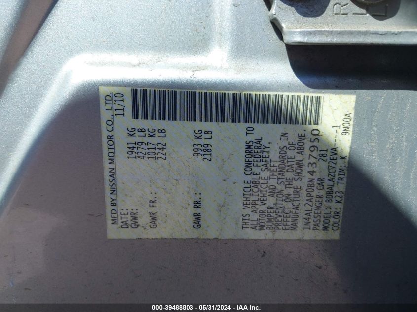 2011 Nissan Altima 2.5 VIN: 1N4AL2AP0BN437950 Lot: 39488803