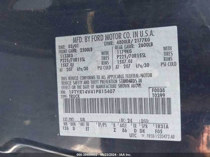 2001 Ford Ranger Edge/Xl/Xlt VIN: 1FTYR14V41PB15407 Lot: 39488802