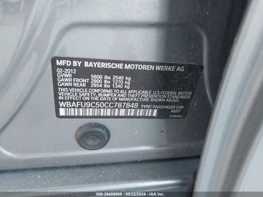 2012 BMW 550I xDrive VIN: WBAFU9C50CC787848 Lot: 39488805